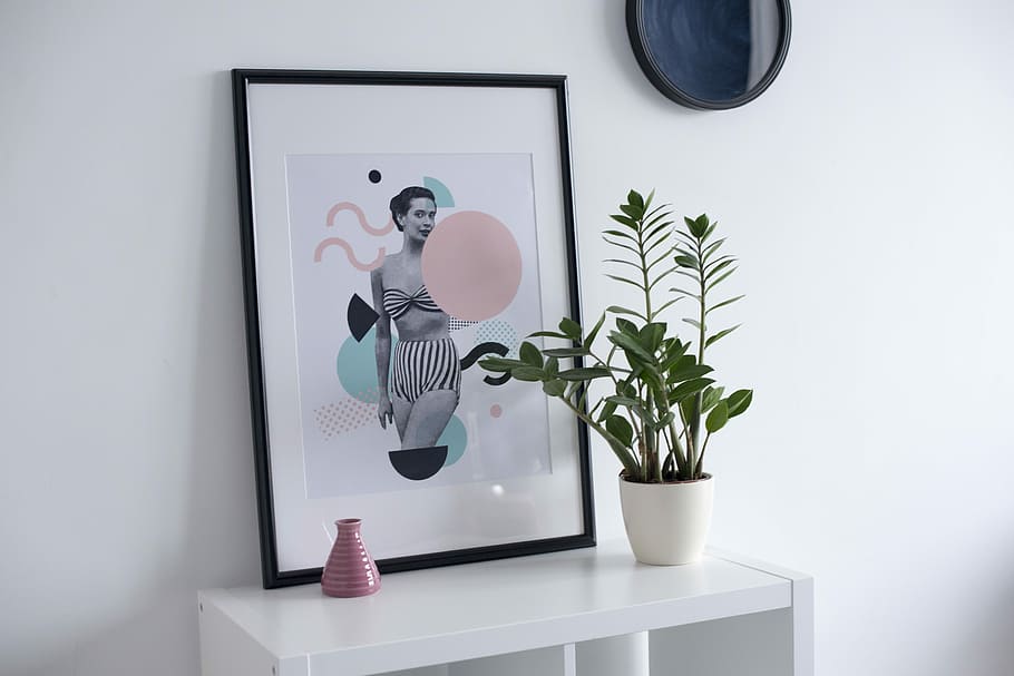 photo frame on table, white ceramic vase on the top of white wooden side table HD wallpaper