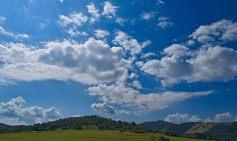 landscape, sky, clouds, mountains, nature, forest, green, colors HD wallpaper