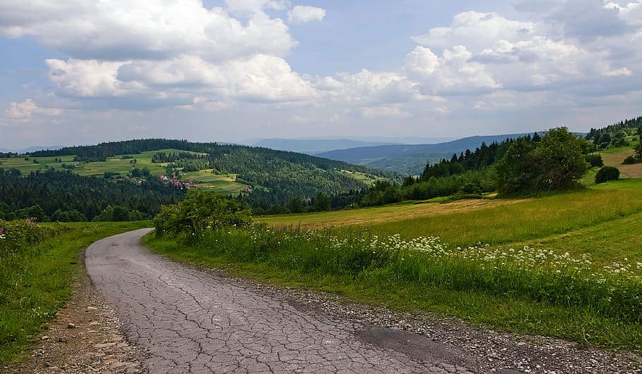 empty gray dirt country road during day, way, mountains, clouds HD wallpaper