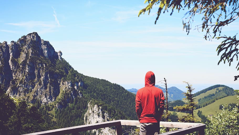 person, mountains, view, platform, sky, outdoors, nature, sport HD wallpaper