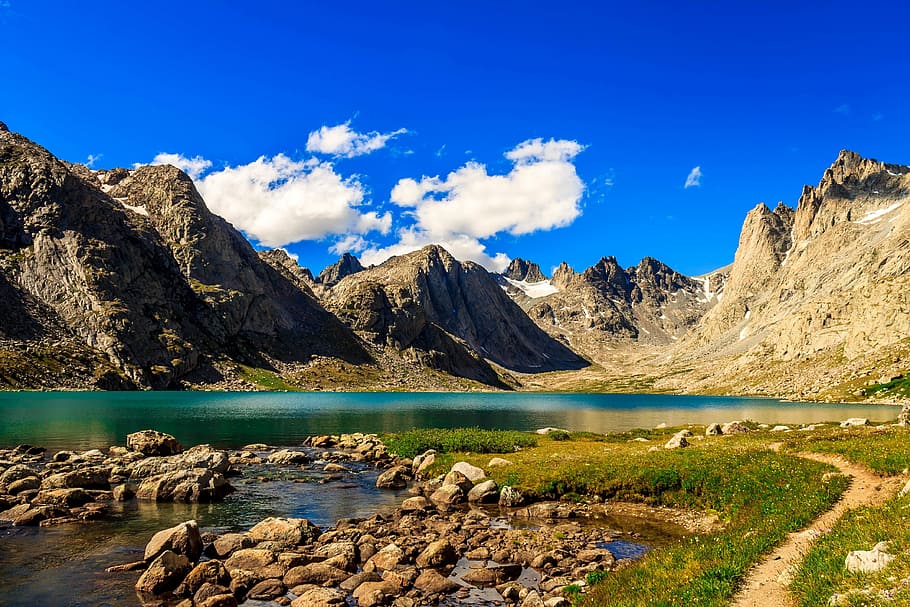 landscape photography of mountain, river, water, rocks, green HD wallpaper