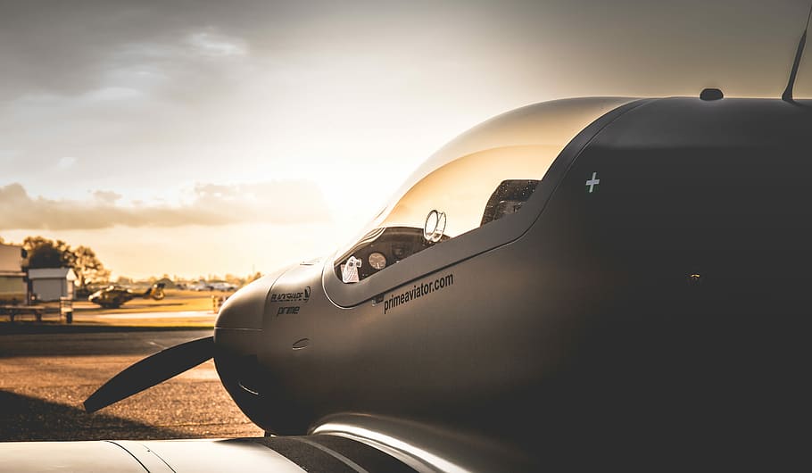 Aviator, gray plane on port at sunset, airplane, flying, cloud HD wallpaper