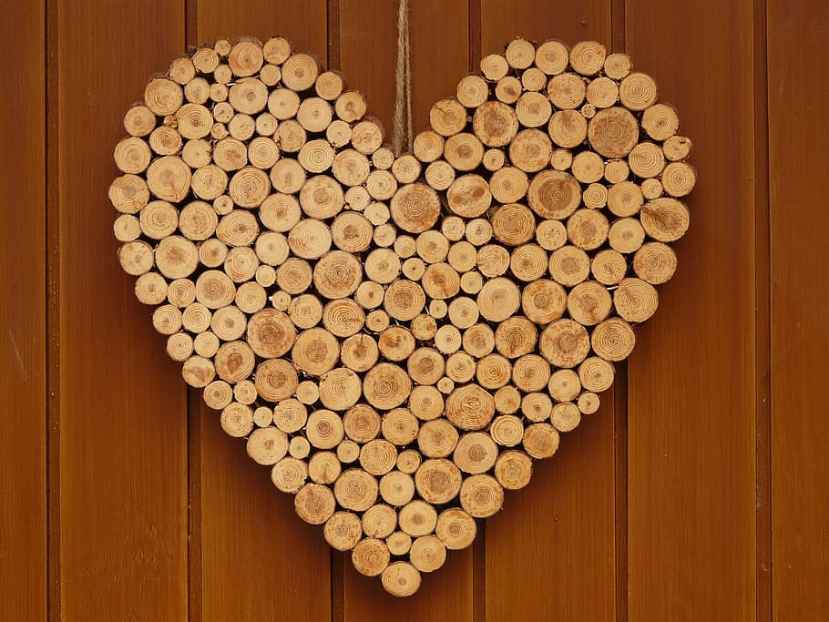 brown cork heart wall decor, love, wooden heart, symbol, romance, HD wallpaper