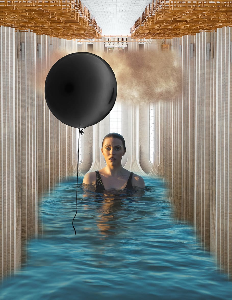 woman on hot tub, young, pool, wet, cloud, dark cloud, balloon