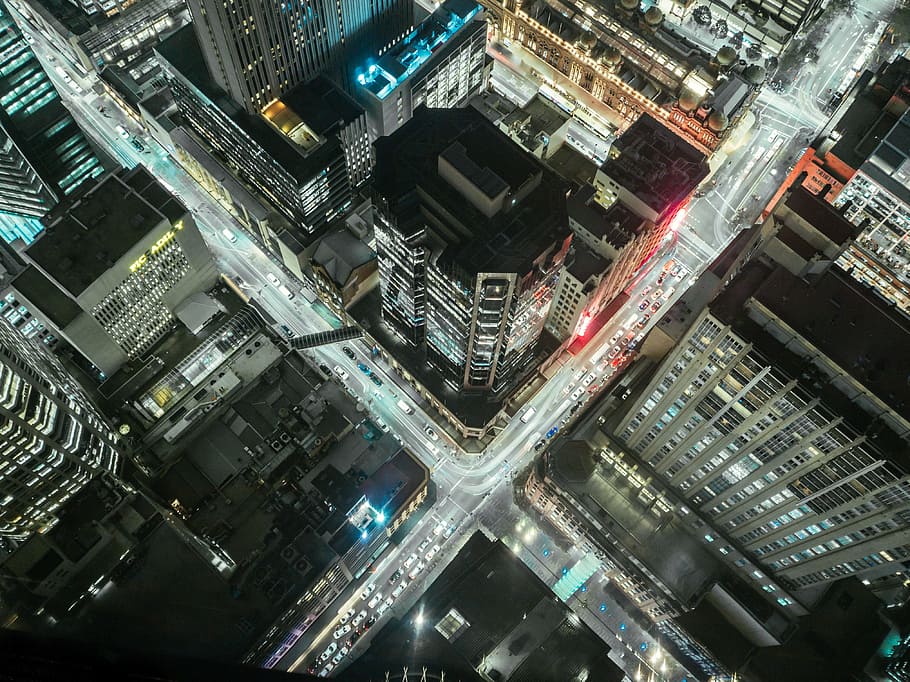 bird eye photography of cityscape, junction, crossing, night HD wallpaper