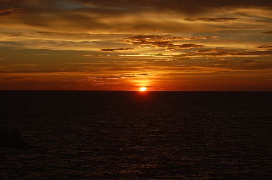 sunset, horizon, ocean, ship, sky, vacation, sea, water, horizon over water HD wallpaper