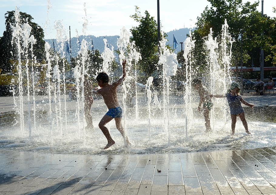 boy wearing blue brief, children playing, water fountain, zurich, HD wallpaper