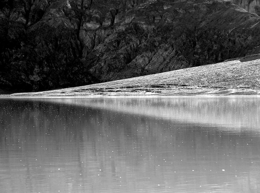 grayscale photo of lake, body of water across mountain, sea, pond, HD wallpaper