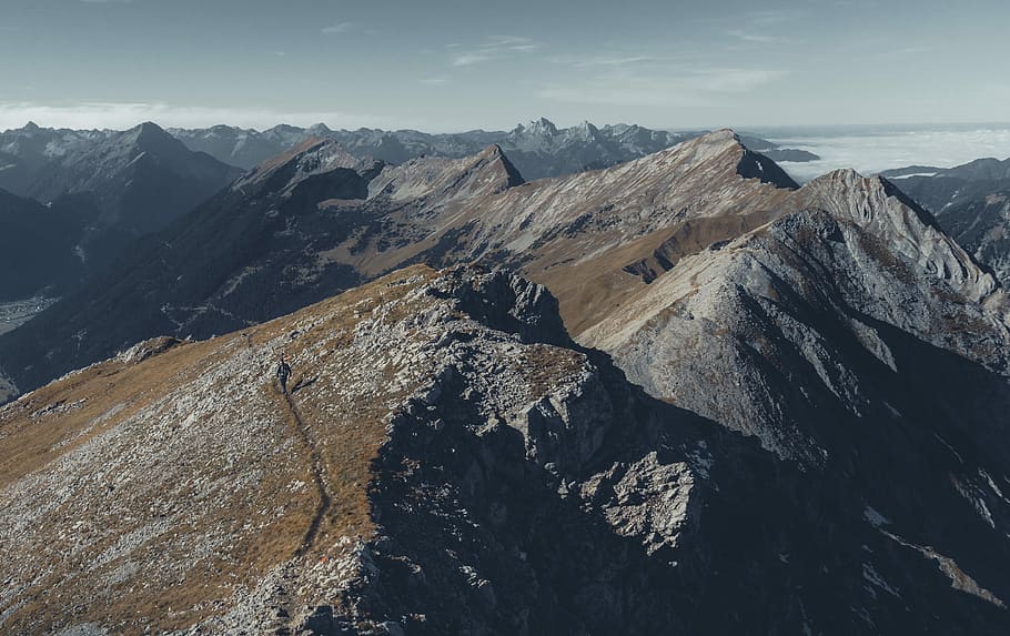 aerial photography of mountains, gray and green mountain, ridge HD wallpaper