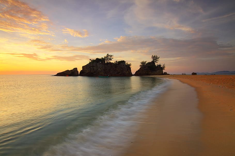 sea, dawn, nature, sky, calm, cliffs, clouds, coast, dramatic HD wallpaper