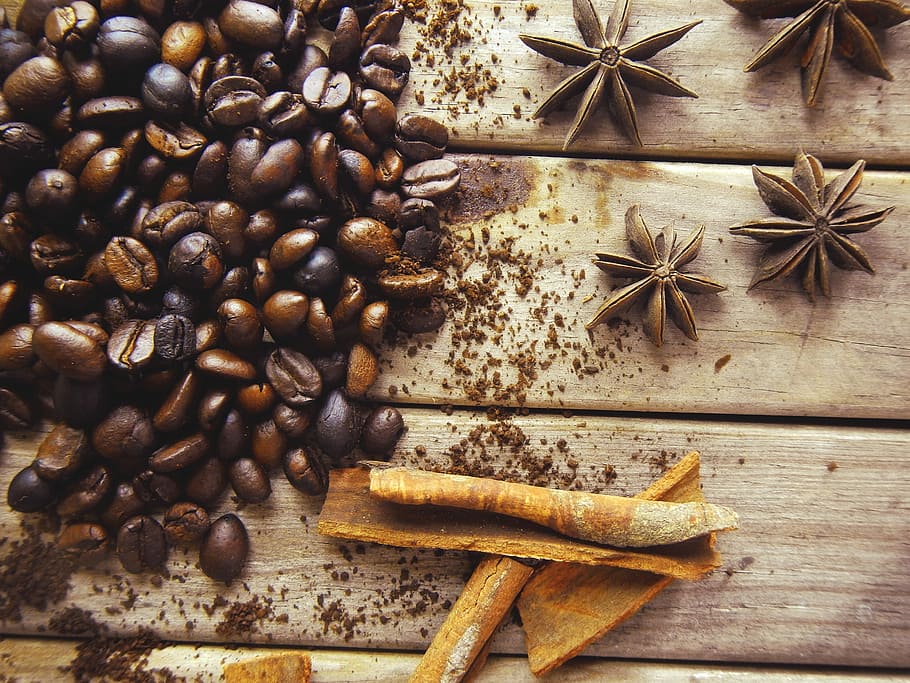 closeup photo of coffee beans, Cinnamon, Anis, Aromas, food and drink HD wallpaper