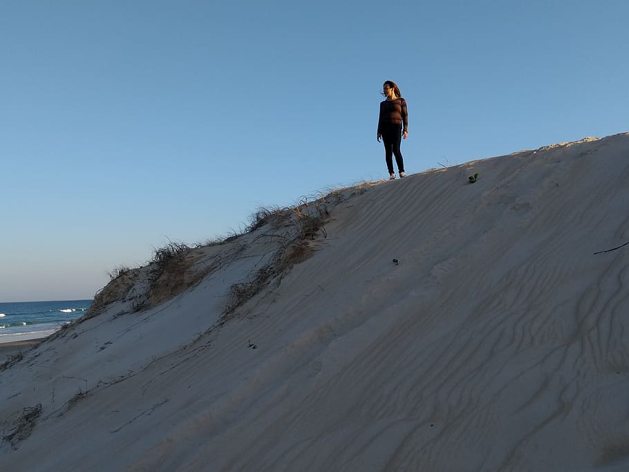 sand, hill, blue, one person, land, full length, sky, nature HD wallpaper