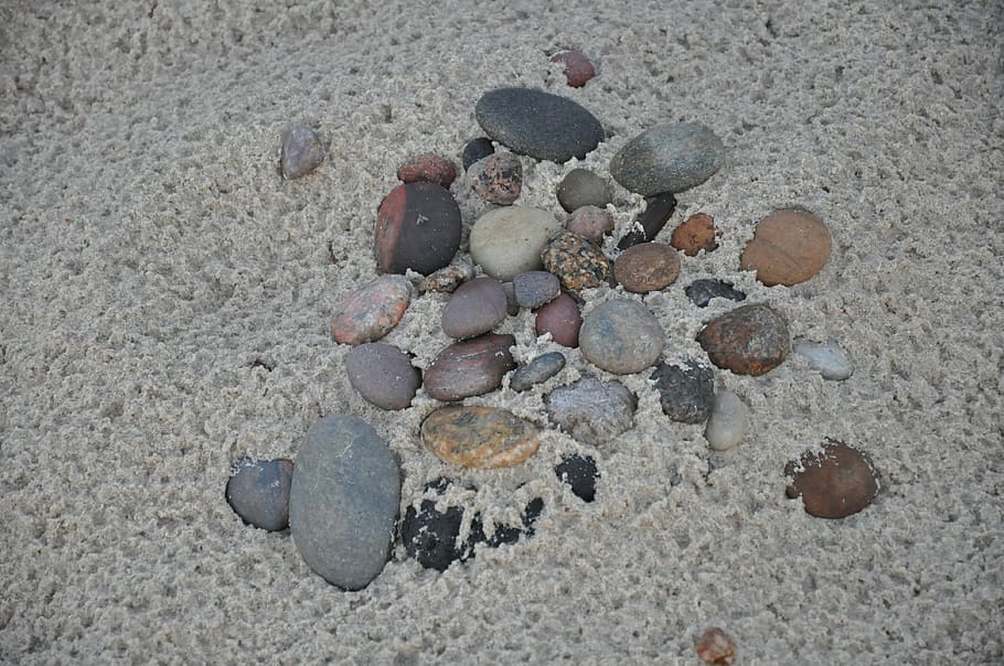 pebbles, beach, sand, sea, land, rock, solid, nature, high angle view HD wallpaper