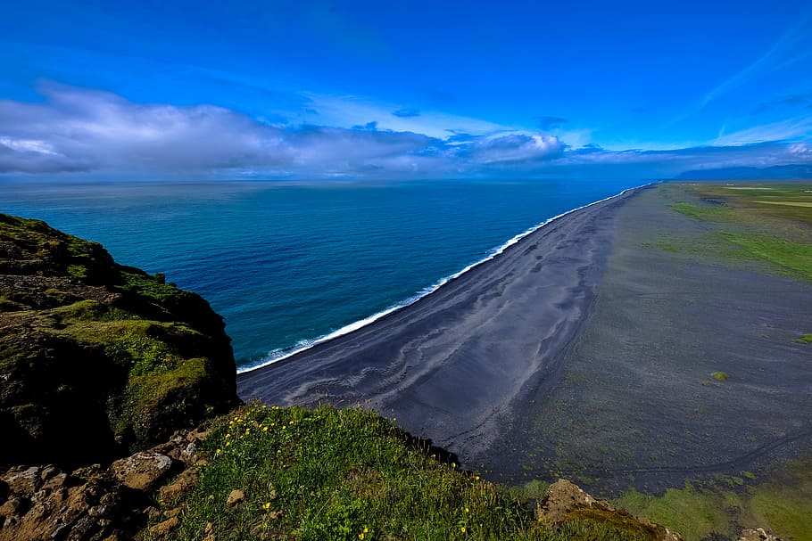 sea, landscape, nature, beach, clouds, daylight, grass, high angle shot HD wallpaper