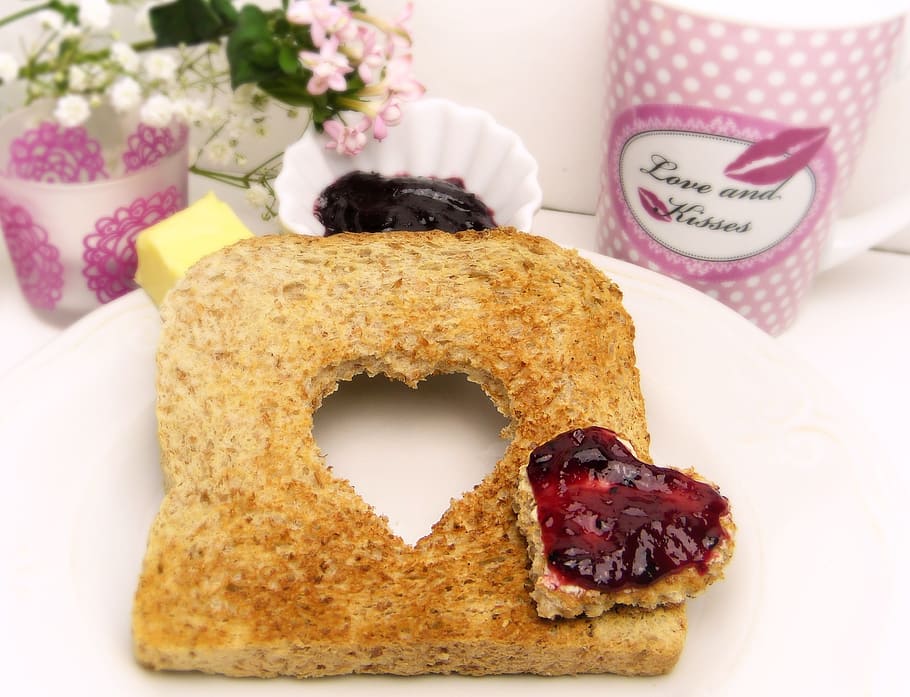 sliced bread with strawberry jam on white plate, Toast, Heart HD wallpaper