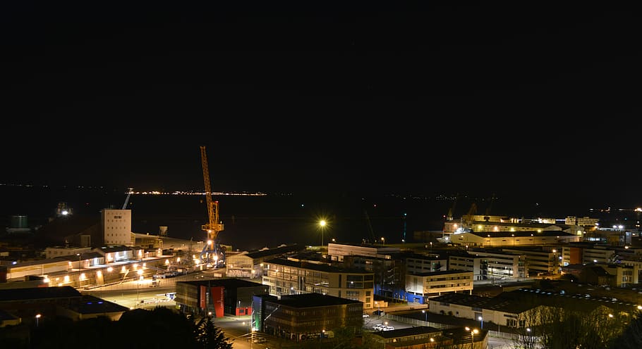 Night, City, Commercial Port, Industry, evening, lights, lighting, HD wallpaper