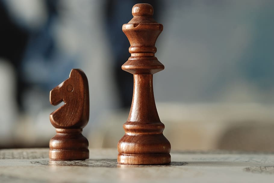 shallow focus photography of horse and queen chess pieces, board