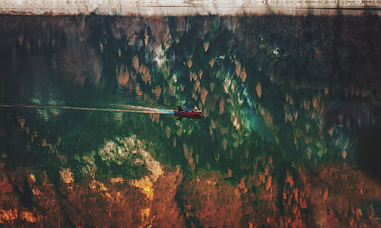 brown boat in body of water, people, reflection, trees, woods HD wallpaper