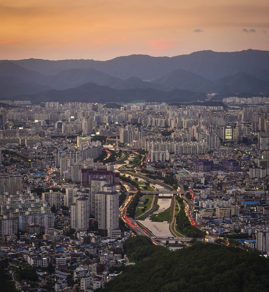 south korea, daegu, sunset, nightview, river, mountain, city, HD wallpaper