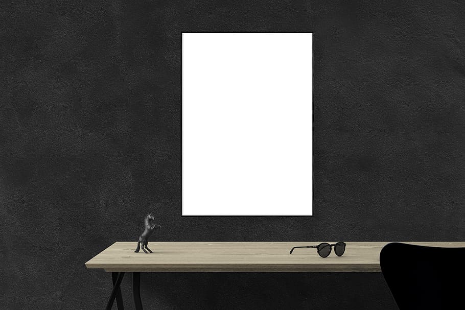 sunglasses and horse figurine, poster mockup, frame, template