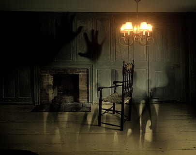 black wooden armchair near fireplace on low light room, ghosts HD wallpaper