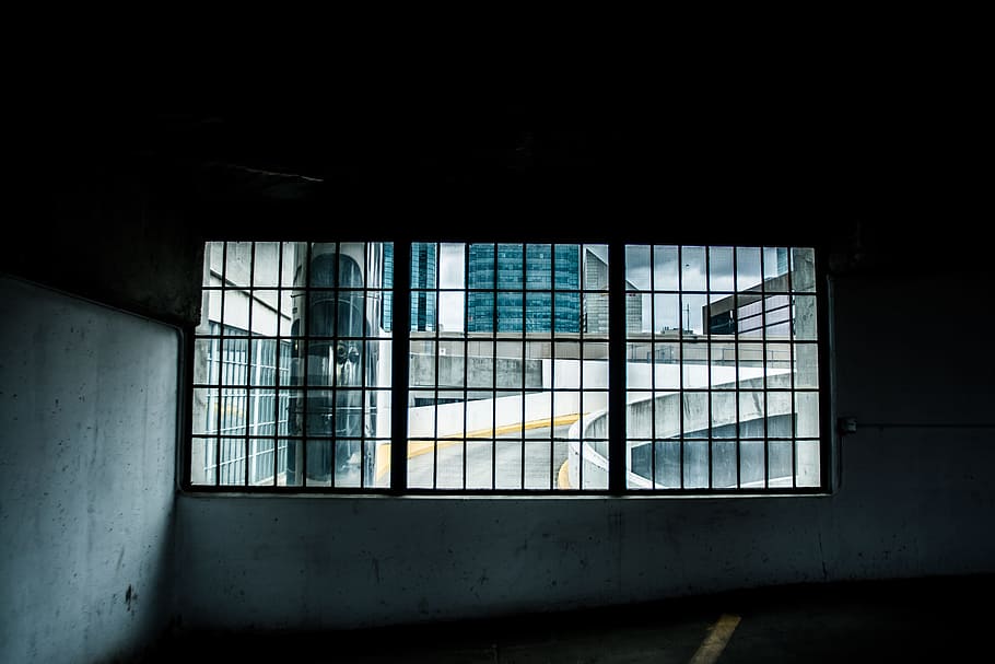 black window grille, architectural photography of black window HD wallpaper