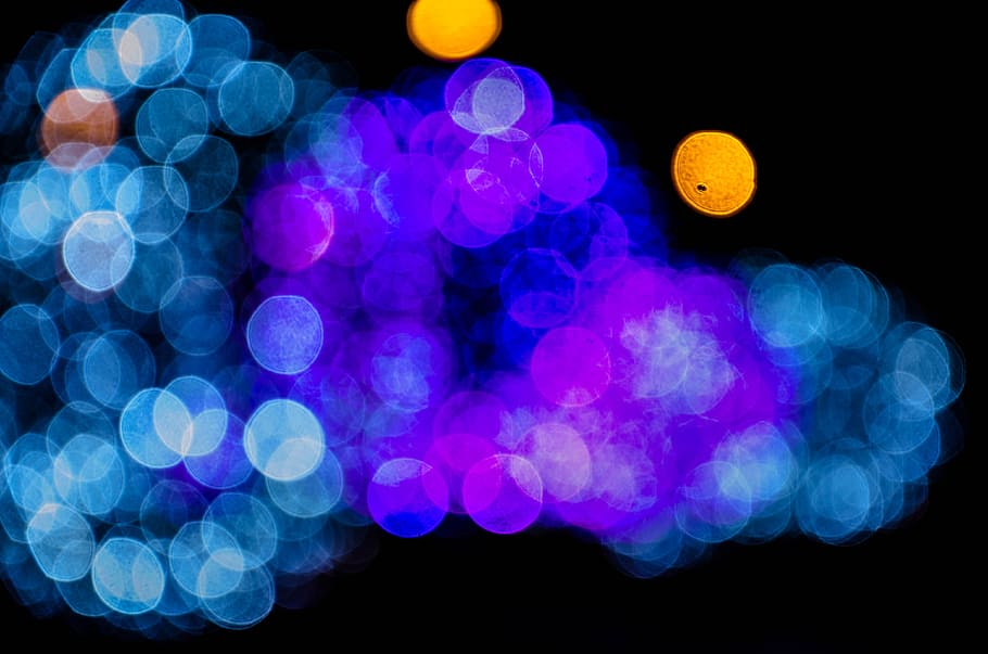 bokeh, light, dark, black background, illuminated, blue, no people HD wallpaper