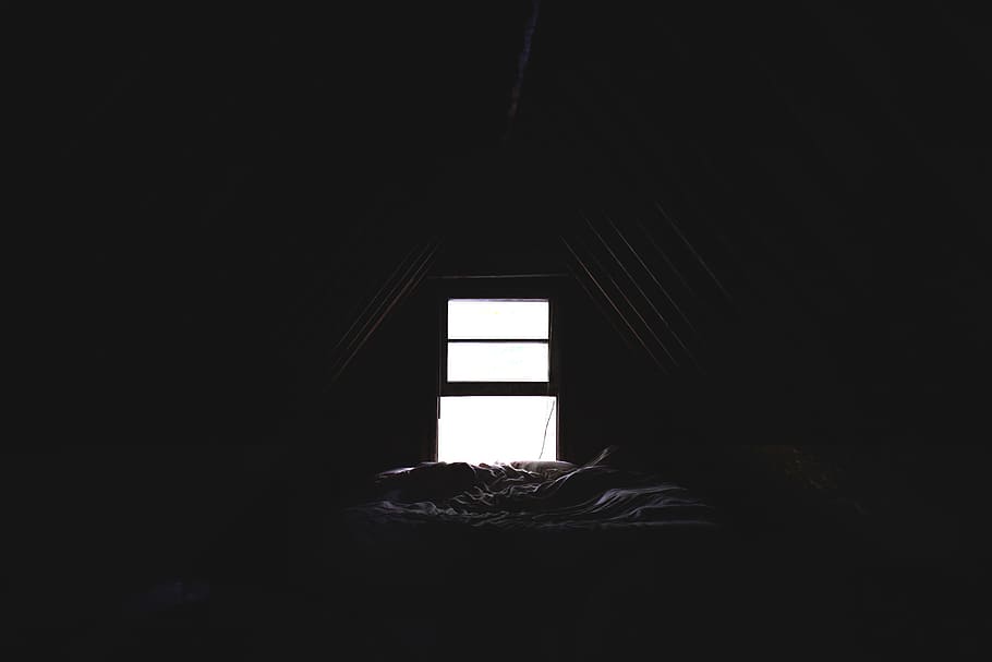 open window in attic, untitled, dark, light, bed, black Color