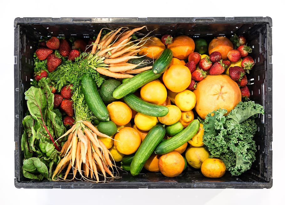 assorted vegetable on black crate, fruit, vegetables, box, healthy HD wallpaper