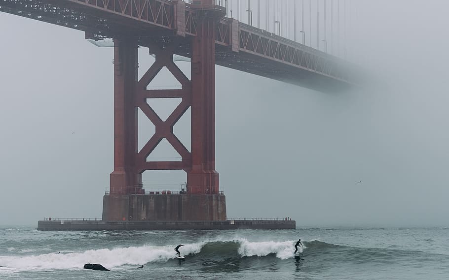 architecture, bridge, structure, sea, ocean, water, waves, people HD wallpaper