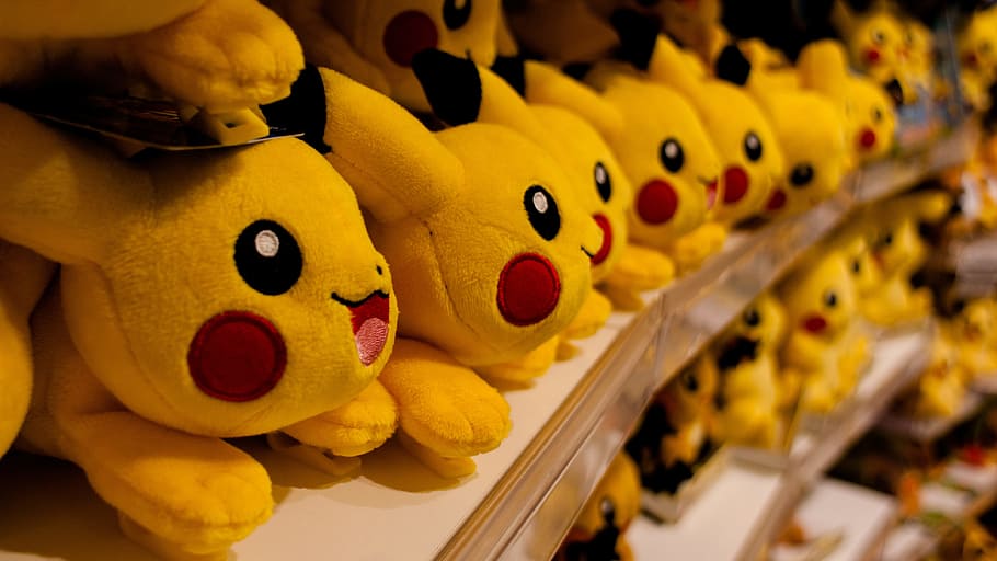 HD wallpaper: Pokemon Pikachu plush toys on shelf, store, pokemon store,  japan | Wallpaper Flare
