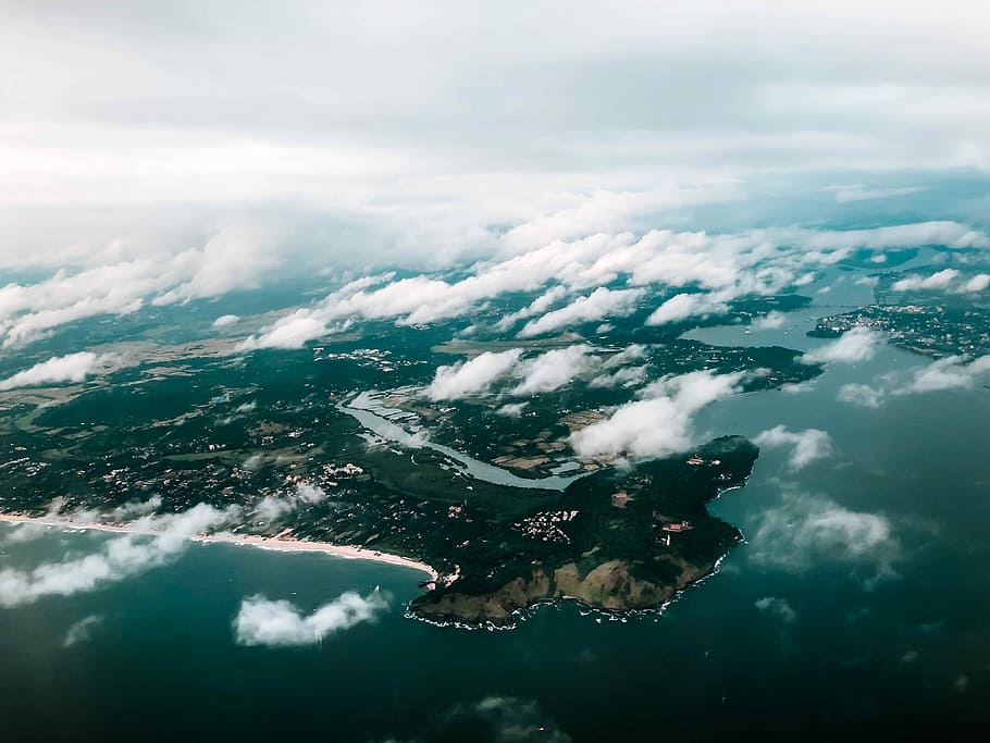 aerial photography of island and clouds, bird's eye view photo of green islands HD wallpaper