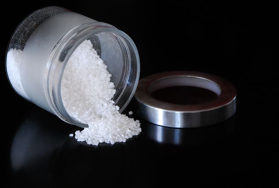 jar, container, glass, metallic, salt, coarse salt, kitchen HD wallpaper