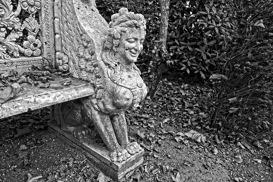 bench, stone bench, scroll, ornament, seat, support, sphinx HD wallpaper