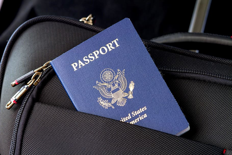blue Passport and black bag, flag, travel, visa, identification