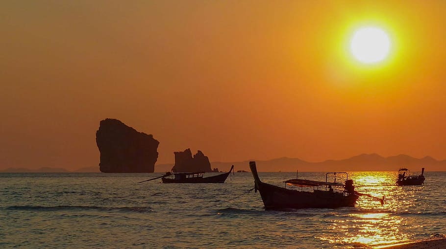 sunset, sea, boat, nautical vessel, transportation, water, scenics HD wallpaper