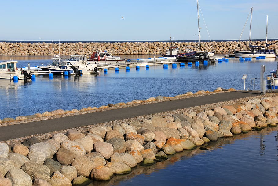 simrishamn, stone, boat, water, transportation, mode of transportation HD wallpaper