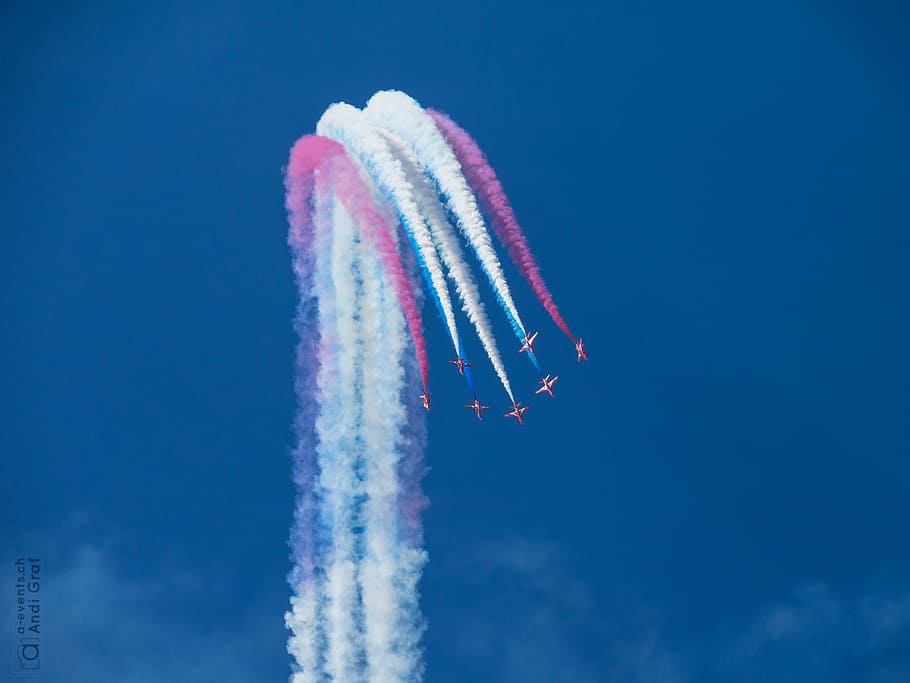 fighter jet, flugshow, red arrows, airplane, air vehicle, sky HD wallpaper