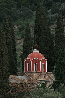 chapel, mount athos, cypress, plant, tree, built structure HD wallpaper