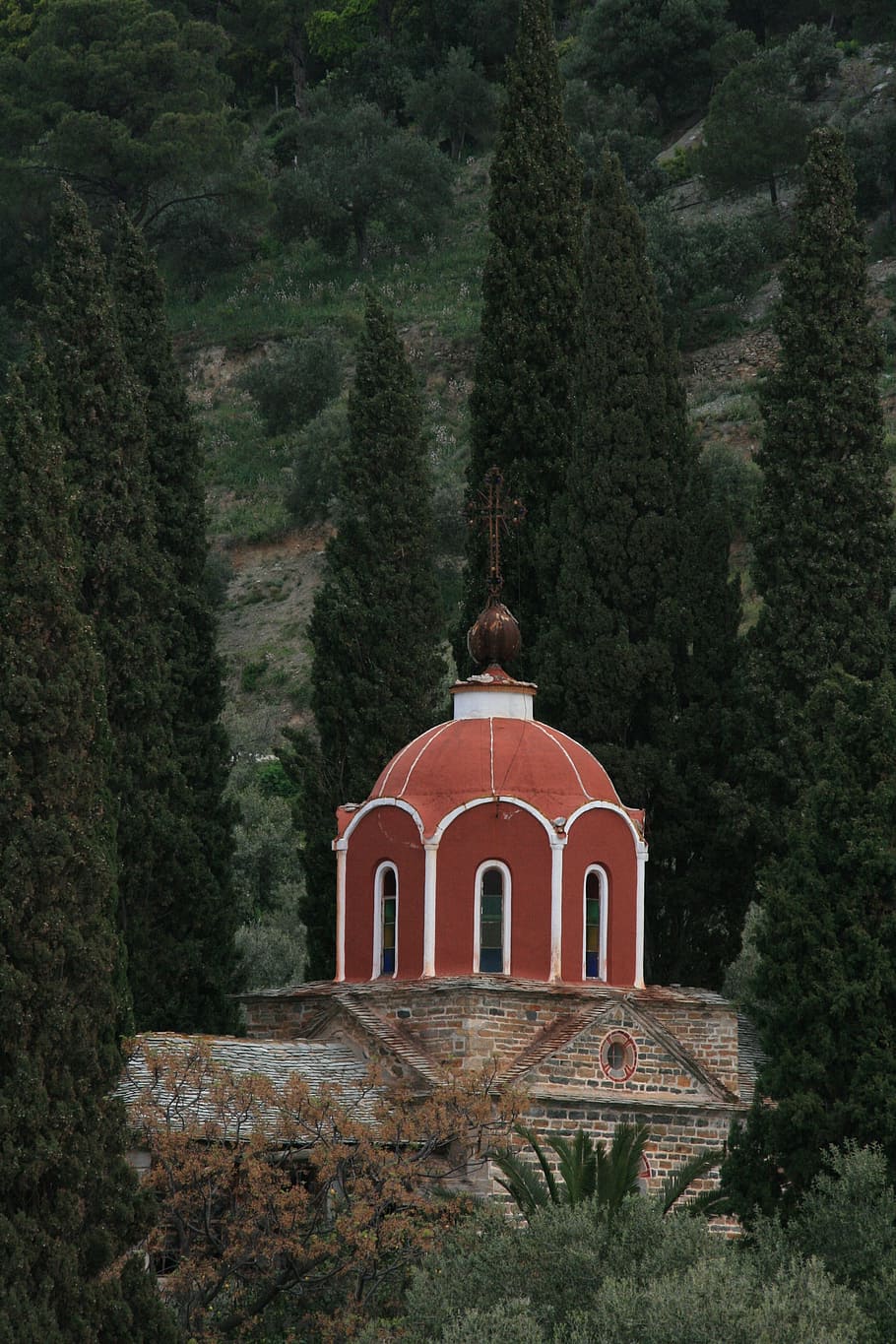 chapel, mount athos, cypress, plant, tree, built structure HD wallpaper