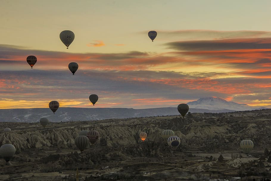 aerial view of Cappadocia,Turkey, hot air balloons, sunset, adventure, HD wallpaper