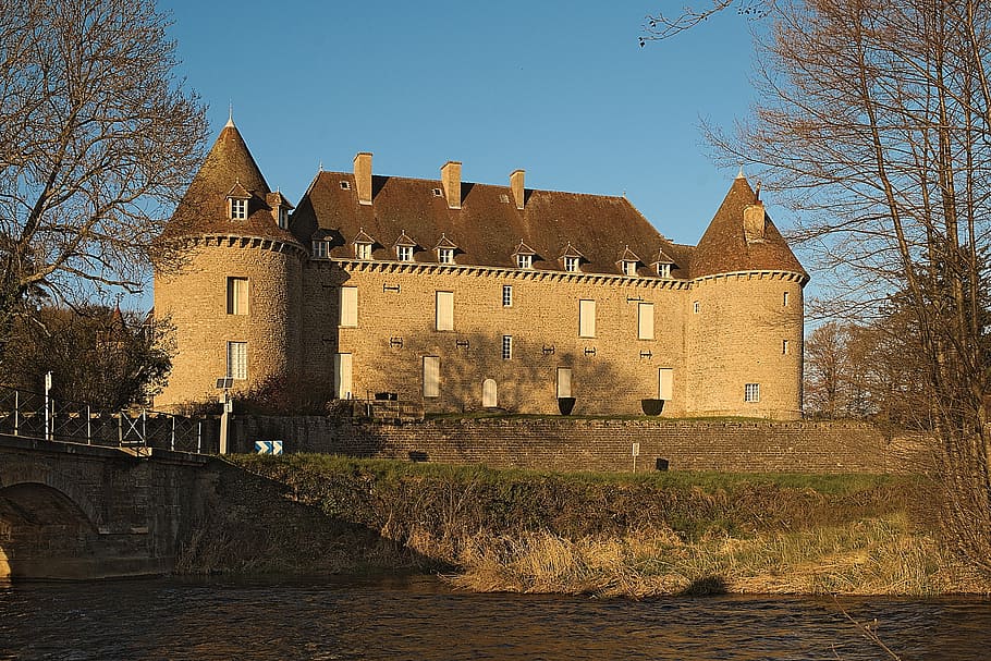 castle, building, river, water, sunset, sky, blue, monument