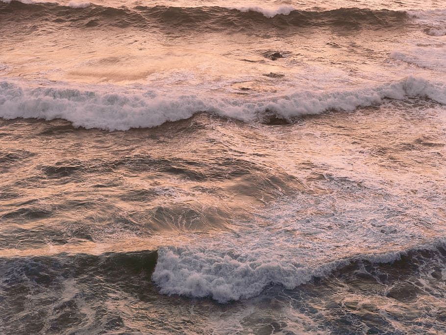 ocean sunset, evening, waves, surf, sea, aquatic sport, surfing HD wallpaper
