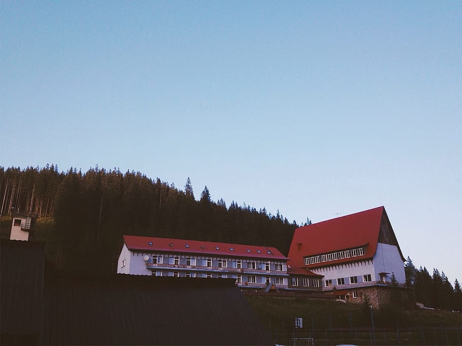 hotel, building, trees, house, architecture, daylight, roof, sky HD wallpaper