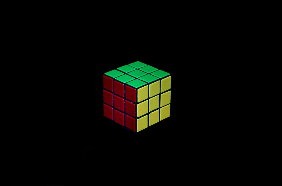 rubik's cube, black background, red, green, yellow, design HD wallpaper