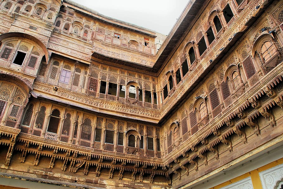 india, rajastan, jaisalmer, palace, maharajah, facades, mughal architecture