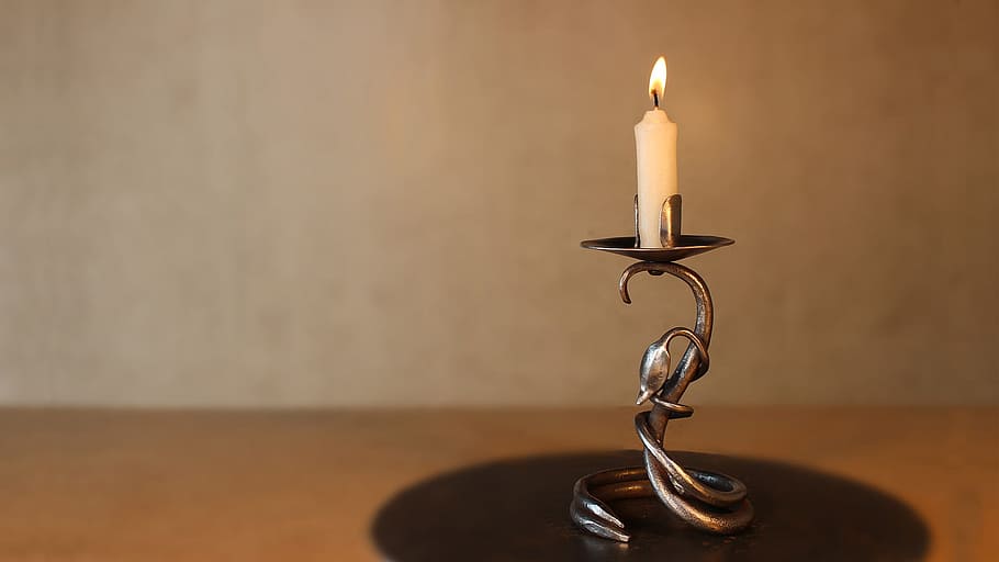 candlestick, forging, metal, fire, flame, burning, fire - natural phenomenon HD wallpaper