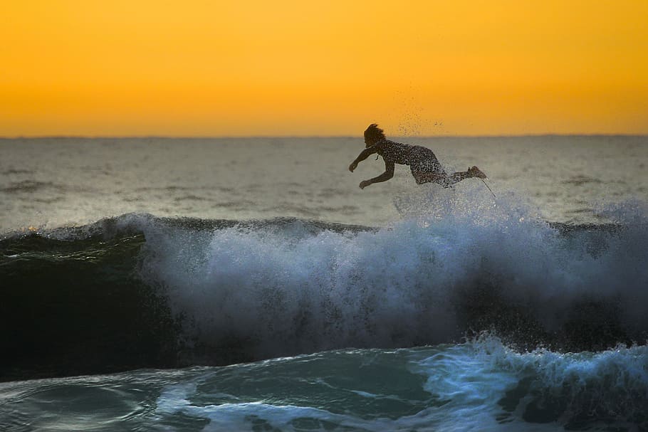 surfer crash on body of water, man jumping on water wave, air HD wallpaper
