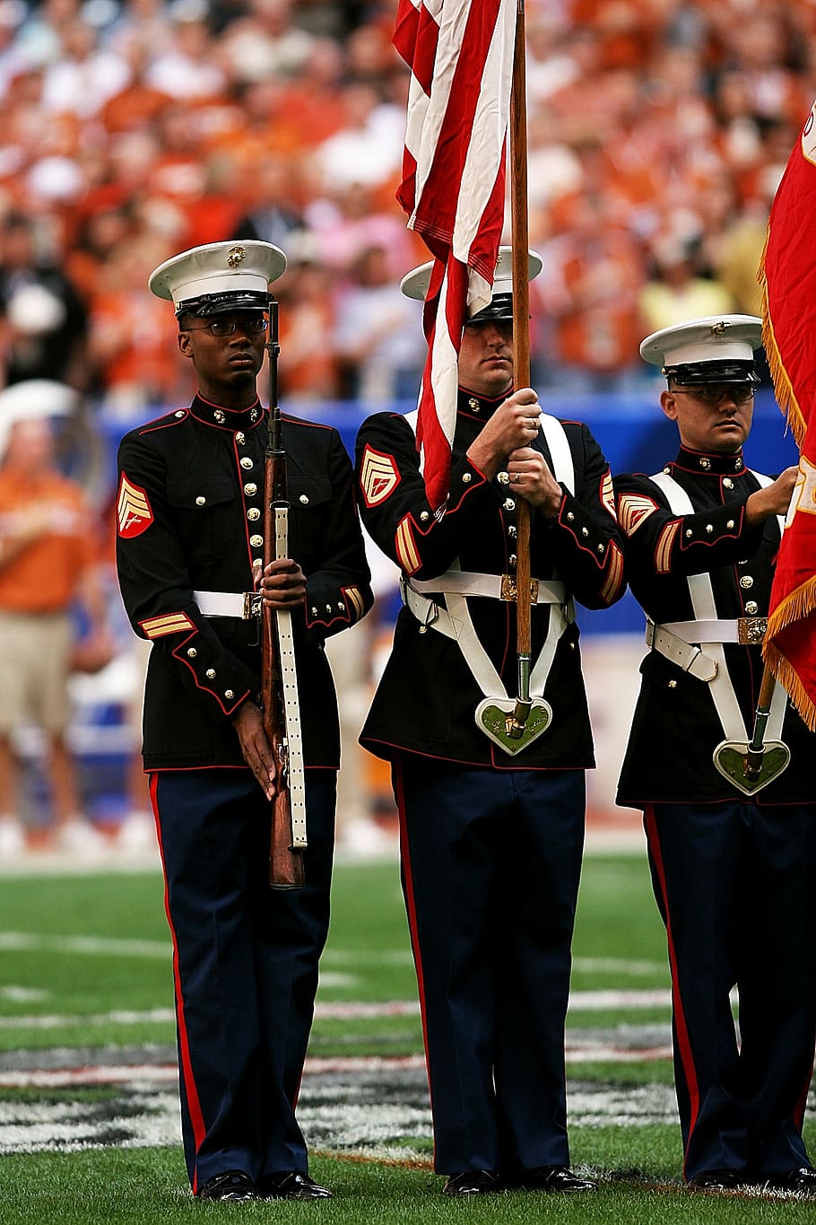 honor guard, sporting event, flags, uniforms, spectators, football stadium HD wallpaper