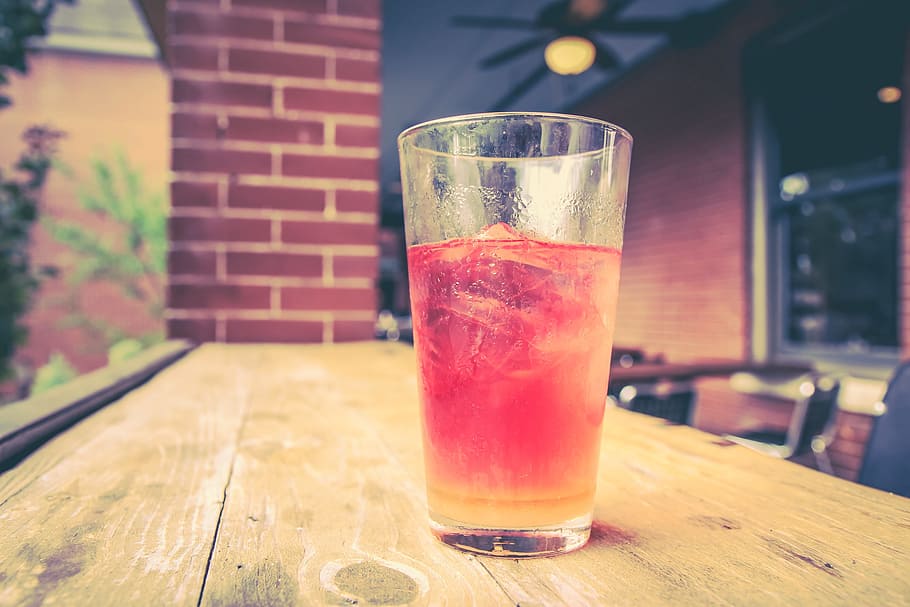 clear beverage glass with red beverage in rocks, cold, table HD wallpaper